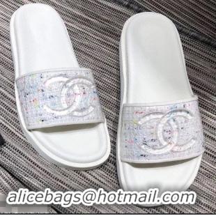 Shop Discount Chanel Tweed and PVC Mules Slipper Sandals G96401 White 2019