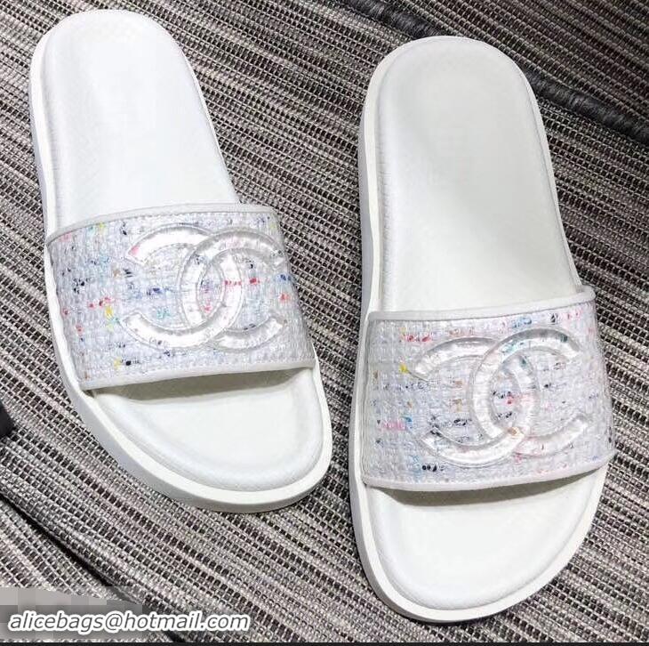 Shop Discount Chanel Tweed and PVC Mules Slipper Sandals G96401 White 2019