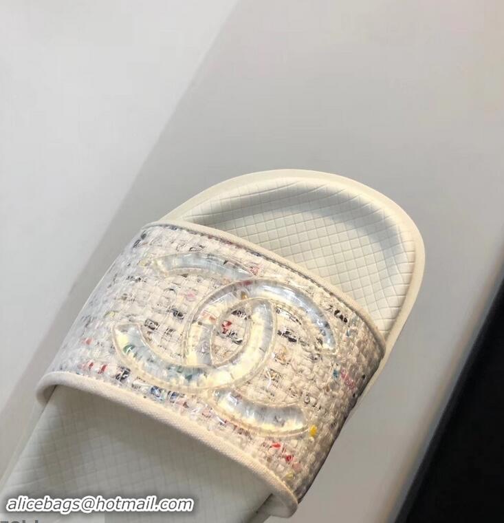 Shop Discount Chanel Tweed and PVC Mules Slipper Sandals G96401 White 2019