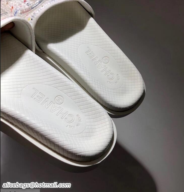 Shop Discount Chanel Tweed and PVC Mules Slipper Sandals G96401 White 2019