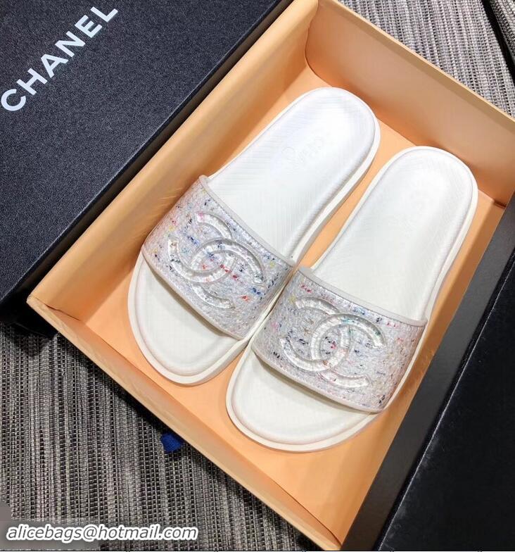 Shop Discount Chanel Tweed and PVC Mules Slipper Sandals G96401 White 2019