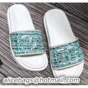 Shop Cheap Chanel Tweed and PVC Mules Slipper Sandals G96401 Turquoise 2019