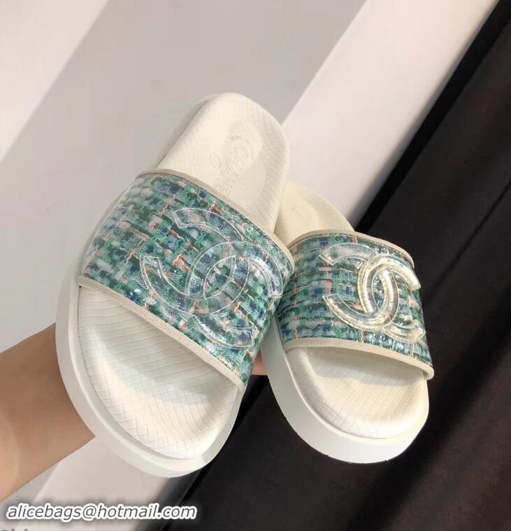 Shop Cheap Chanel Tweed and PVC Mules Slipper Sandals G96401 Turquoise 2019