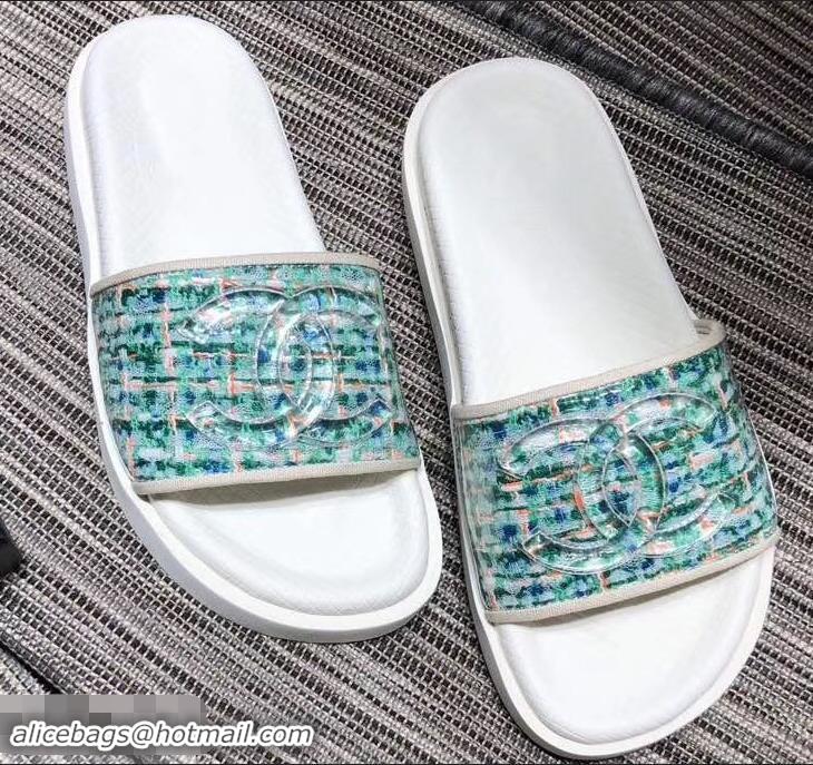 Shop Cheap Chanel Tweed and PVC Mules Slipper Sandals G96401 Turquoise 2019