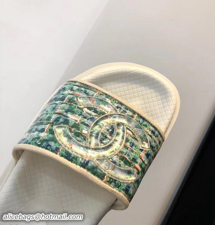 Shop Cheap Chanel Tweed and PVC Mules Slipper Sandals G96401 Turquoise 2019