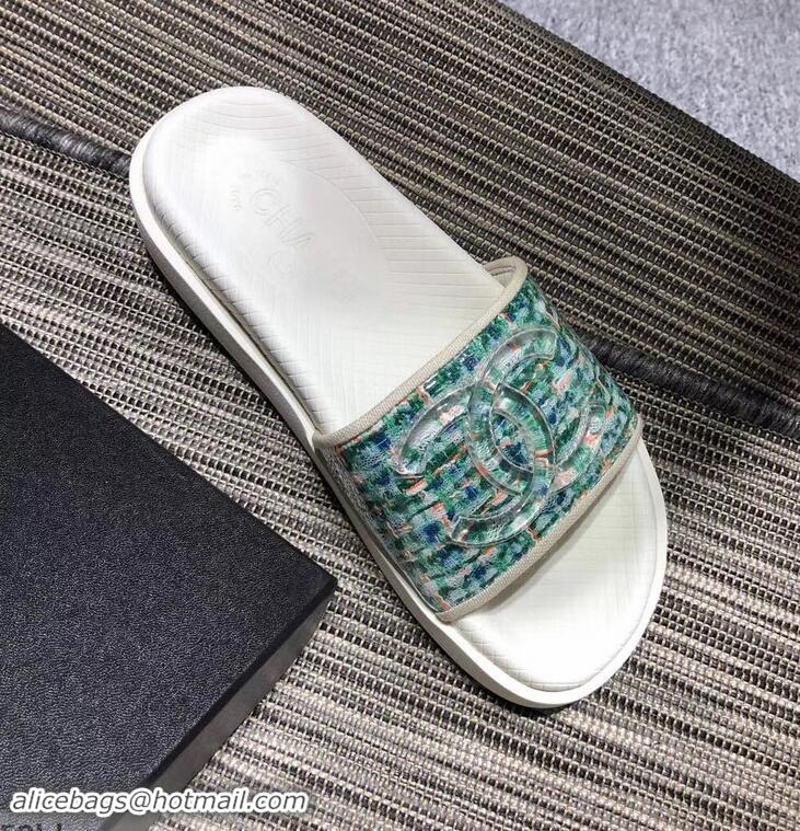 Shop Cheap Chanel Tweed and PVC Mules Slipper Sandals G96401 Turquoise 2019