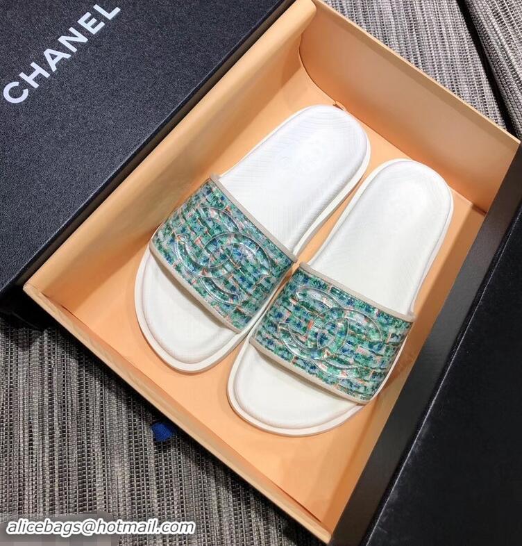 Shop Cheap Chanel Tweed and PVC Mules Slipper Sandals G96401 Turquoise 2019