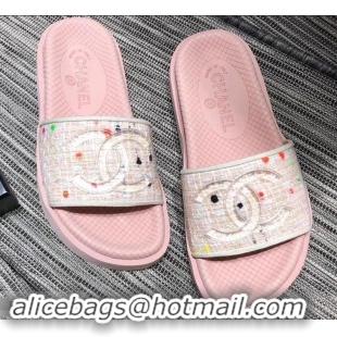 Shop Best Price Chanel Tweed and PVC Mules Slipper Sandals G96401 Pink 2019