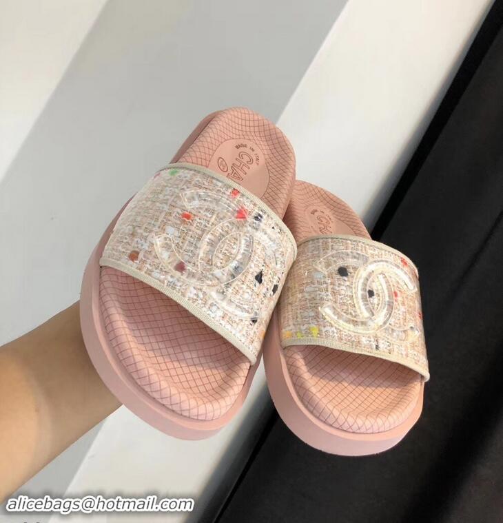 Shop Best Price Chanel Tweed and PVC Mules Slipper Sandals G96401 Pink 2019