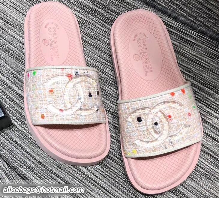 Shop Best Price Chanel Tweed and PVC Mules Slipper Sandals G96401 Pink 2019