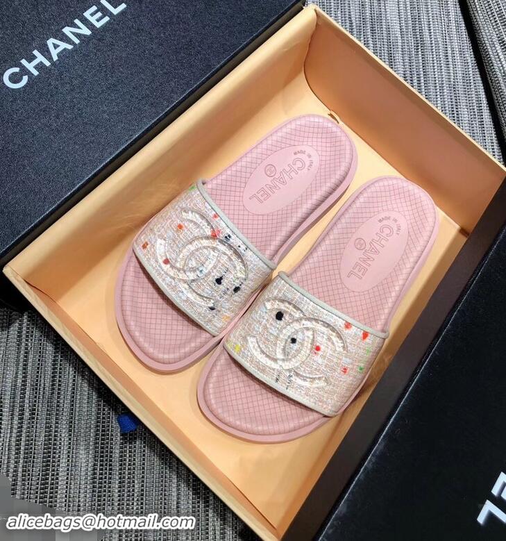 Shop Best Price Chanel Tweed and PVC Mules Slipper Sandals G96401 Pink 2019