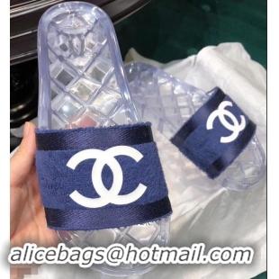 Fake Chanel CC Logo Transparent PVC Shower Shoes Mules Slipper Sandals G96411 Towel Blue 2019