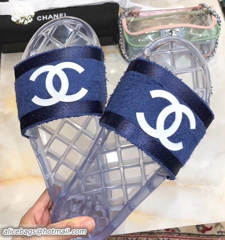 Fake Chanel CC Logo Transparent PVC Shower Shoes Mules Slipper Sandals G96411 Towel Blue 2019