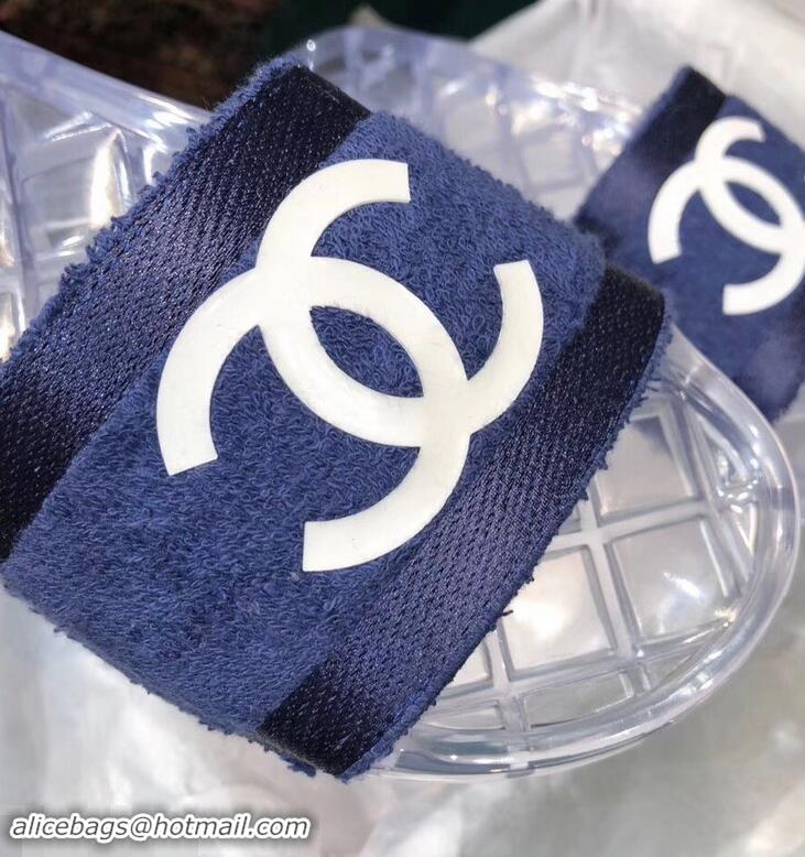 Fake Chanel CC Logo Transparent PVC Shower Shoes Mules Slipper Sandals G96411 Towel Blue 2019