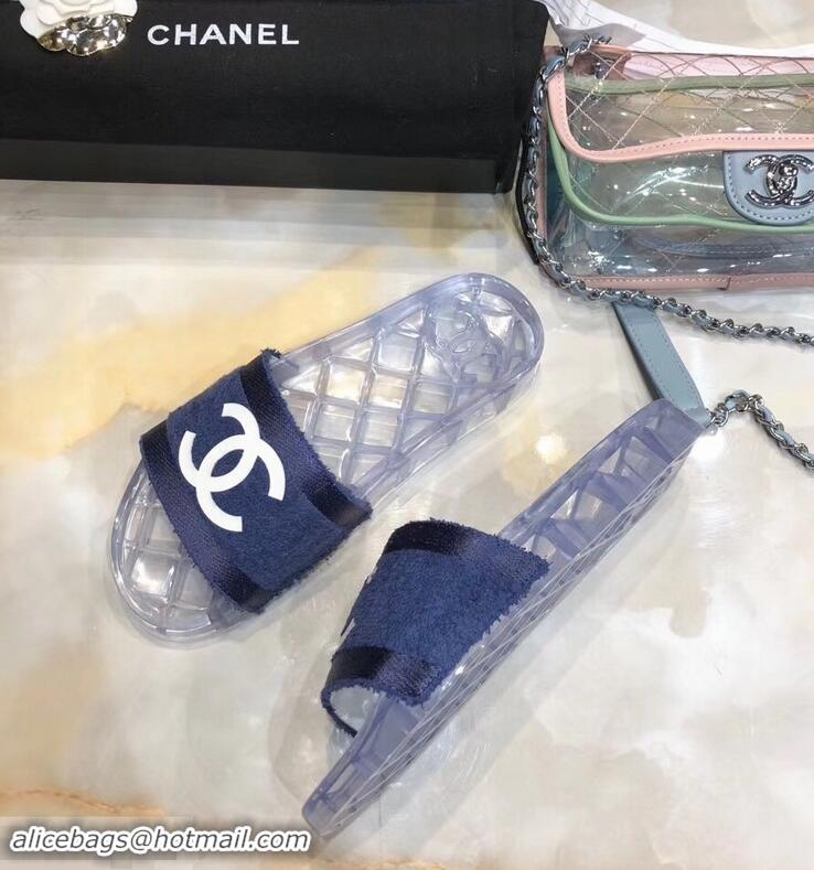 Fake Chanel CC Logo Transparent PVC Shower Shoes Mules Slipper Sandals G96411 Towel Blue 2019