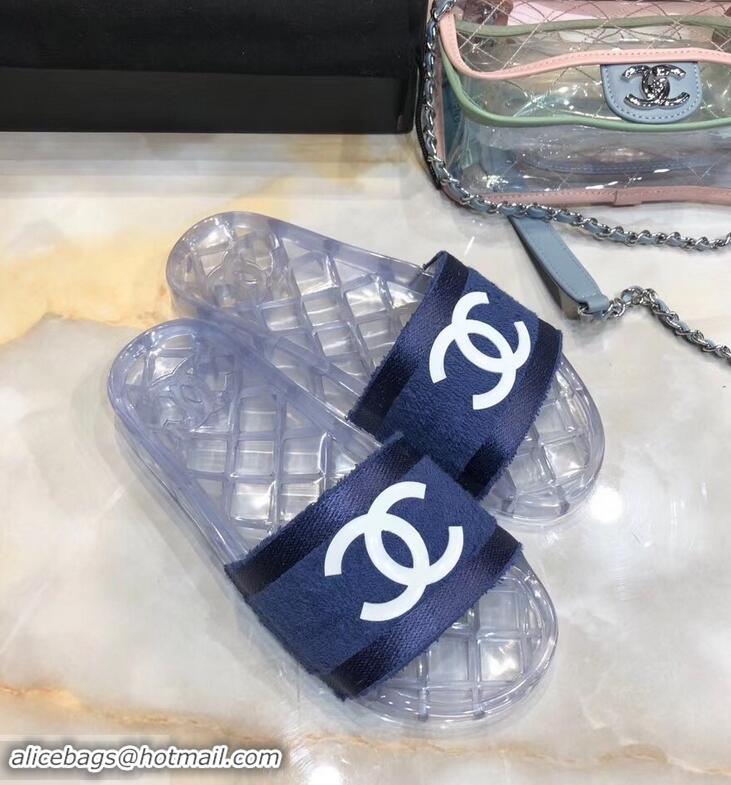 Fake Chanel CC Logo Transparent PVC Shower Shoes Mules Slipper Sandals G96411 Towel Blue 2019