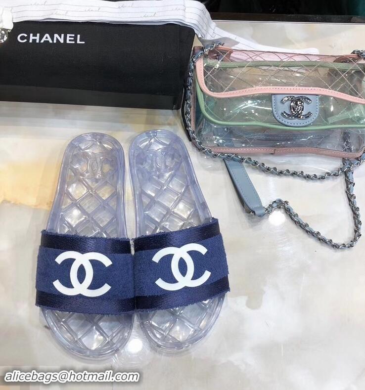 Fake Chanel CC Logo Transparent PVC Shower Shoes Mules Slipper Sandals G96411 Towel Blue 2019