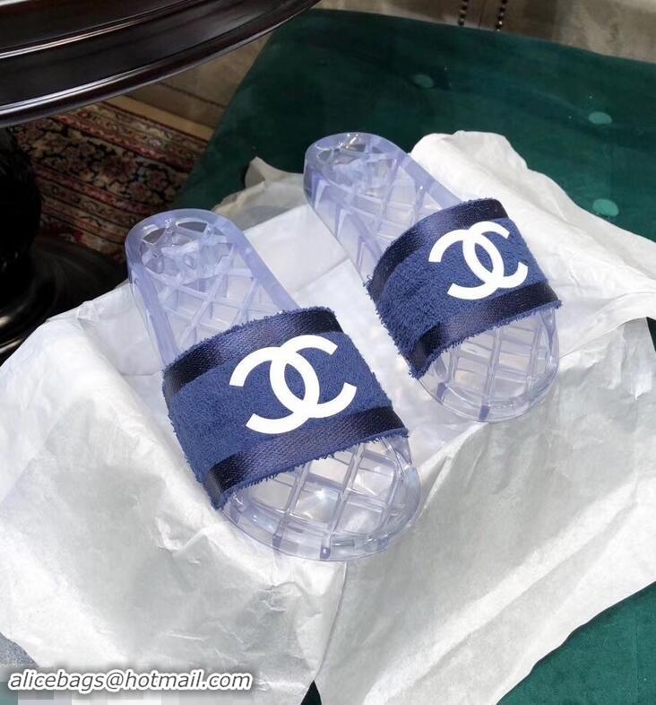 Fake Chanel CC Logo Transparent PVC Shower Shoes Mules Slipper Sandals G96411 Towel Blue 2019