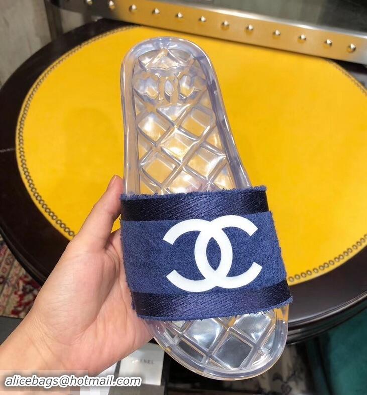 Fake Chanel CC Logo Transparent PVC Shower Shoes Mules Slipper Sandals G96411 Towel Blue 2019