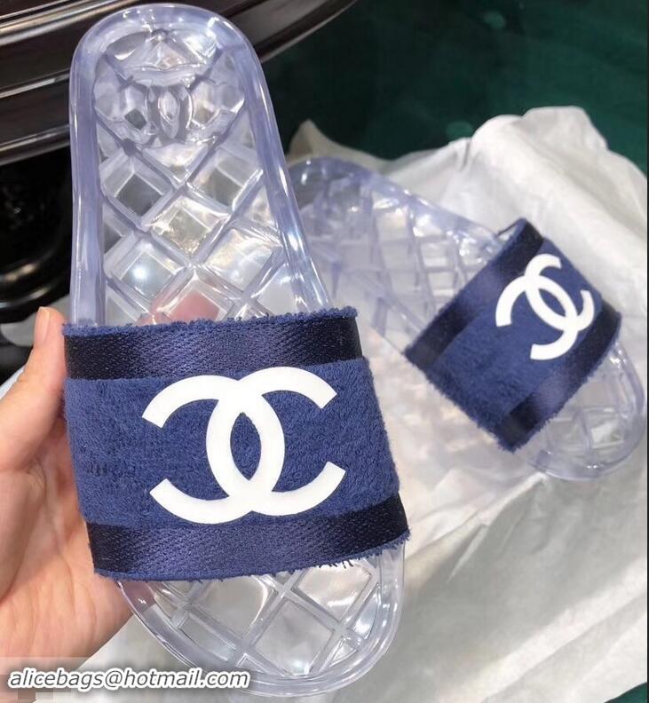 Fake Chanel CC Logo Transparent PVC Shower Shoes Mules Slipper Sandals G96411 Towel Blue 2019