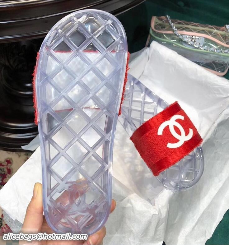 Reasonable Price Chanel CC Logo Transparent PVC Shower Shoes Mules Slipper Sandals G96411 Towel Red 2019