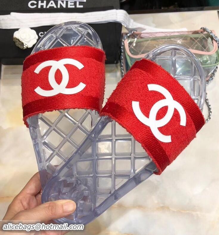 Reasonable Price Chanel CC Logo Transparent PVC Shower Shoes Mules Slipper Sandals G96411 Towel Red 2019