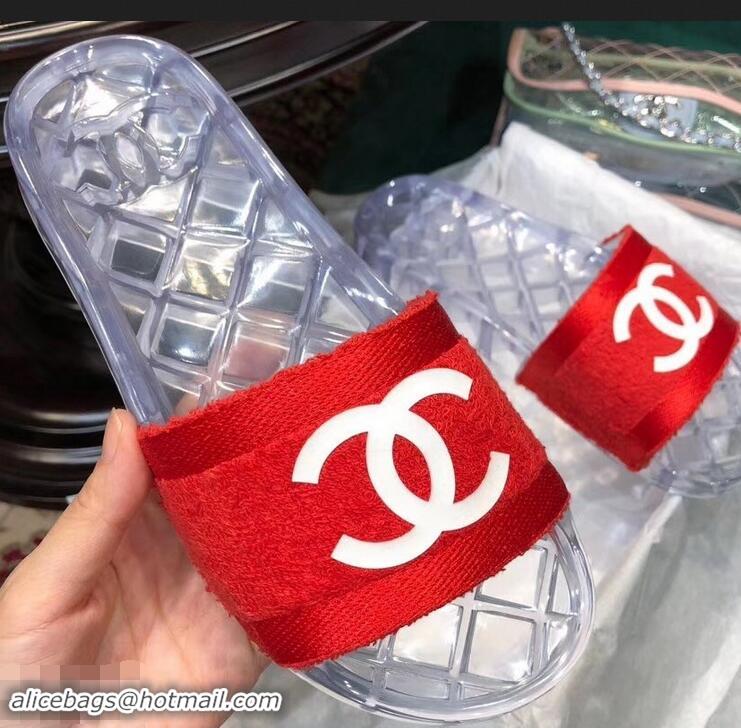 Reasonable Price Chanel CC Logo Transparent PVC Shower Shoes Mules Slipper Sandals G96411 Towel Red 2019