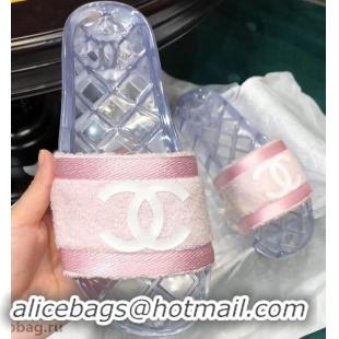 Low Price Chanel CC Logo Transparent PVC Shower Shoes Mules Slipper Sandals G96411 Towel Pink 2019