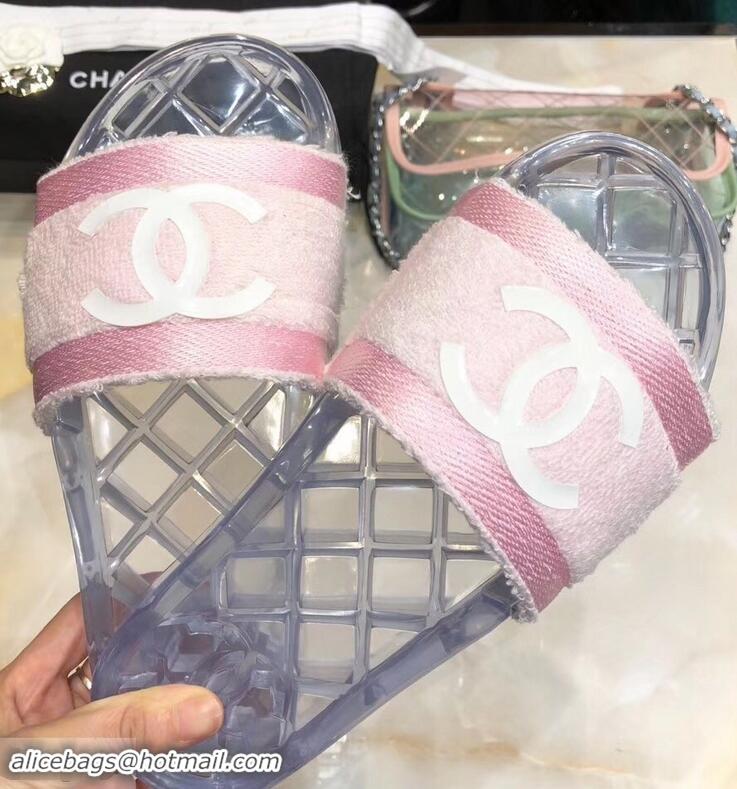 Low Price Chanel CC Logo Transparent PVC Shower Shoes Mules Slipper Sandals G96411 Towel Pink 2019