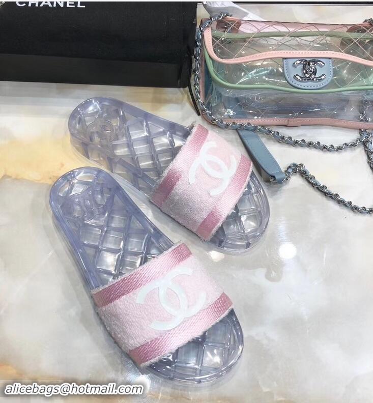 Low Price Chanel CC Logo Transparent PVC Shower Shoes Mules Slipper Sandals G96411 Towel Pink 2019