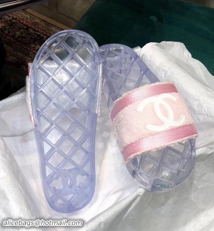 Low Price Chanel CC Logo Transparent PVC Shower Shoes Mules Slipper Sandals G96411 Towel Pink 2019