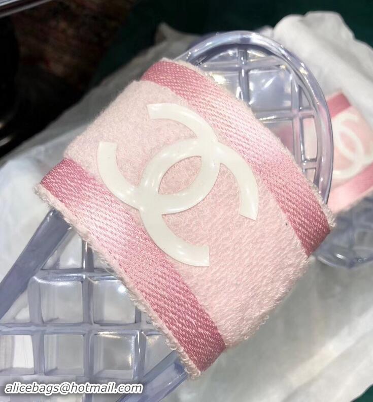 Low Price Chanel CC Logo Transparent PVC Shower Shoes Mules Slipper Sandals G96411 Towel Pink 2019