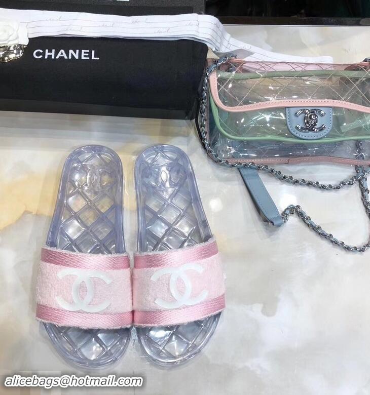 Low Price Chanel CC Logo Transparent PVC Shower Shoes Mules Slipper Sandals G96411 Towel Pink 2019