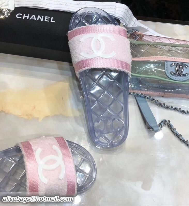 Low Price Chanel CC Logo Transparent PVC Shower Shoes Mules Slipper Sandals G96411 Towel Pink 2019