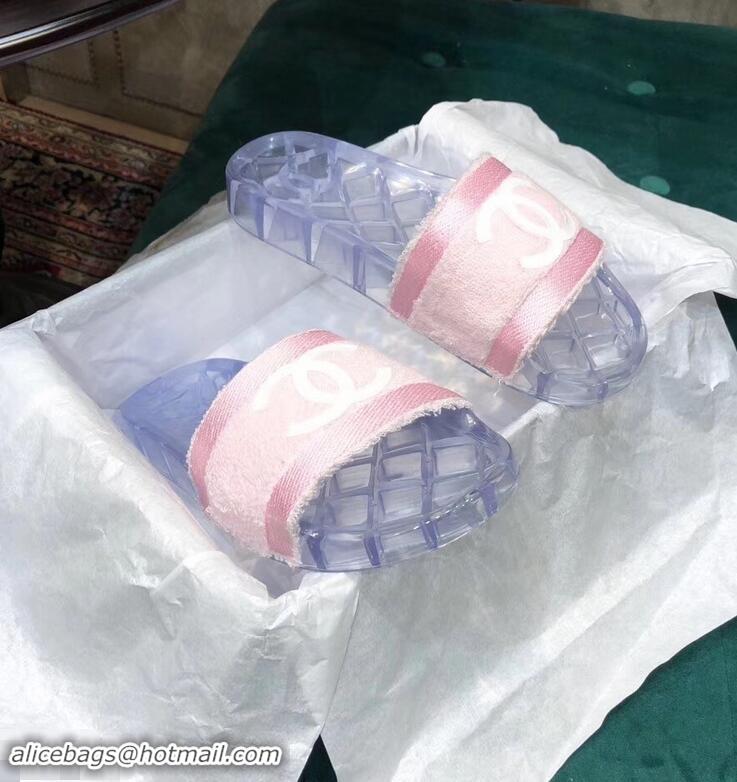 Low Price Chanel CC Logo Transparent PVC Shower Shoes Mules Slipper Sandals G96411 Towel Pink 2019