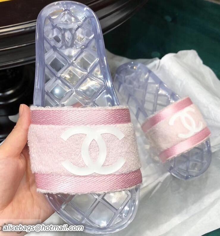 Low Price Chanel CC Logo Transparent PVC Shower Shoes Mules Slipper Sandals G96411 Towel Pink 2019