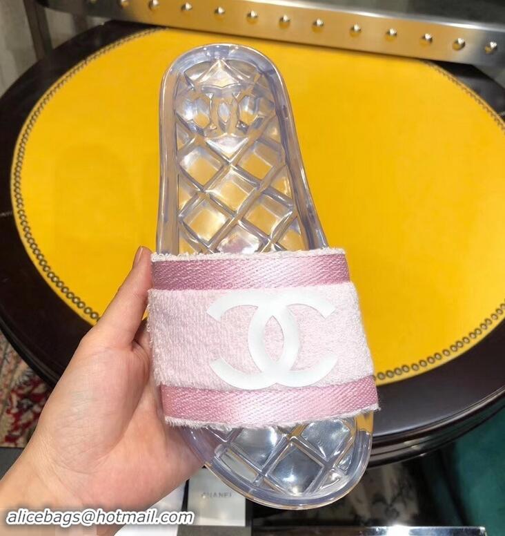 Low Price Chanel CC Logo Transparent PVC Shower Shoes Mules Slipper Sandals G96411 Towel Pink 2019