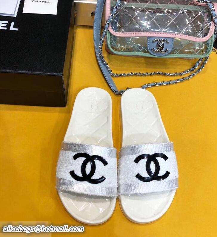 Discount Chanel CC Logo Transparent PVC Shower Shoes Mules Slipper Sandals G96411 Towel White 2019