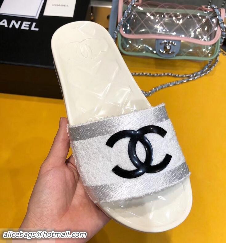 Discount Chanel CC Logo Transparent PVC Shower Shoes Mules Slipper Sandals G96411 Towel White 2019