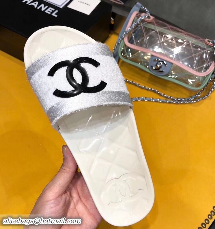 Discount Chanel CC Logo Transparent PVC Shower Shoes Mules Slipper Sandals G96411 Towel White 2019