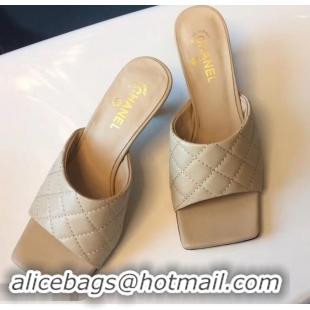 Hot Sale Chanel Heel 6.5cm Square Toe Quilting Mules G96415 Beige 2019