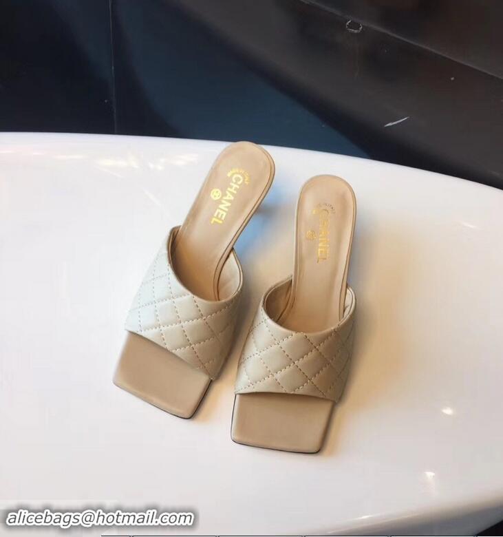 Hot Sale Chanel Heel 6.5cm Square Toe Quilting Mules G96415 Beige 2019