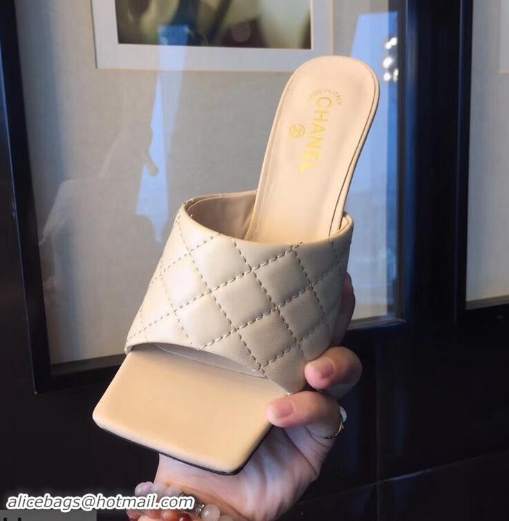 Hot Sale Chanel Heel 6.5cm Square Toe Quilting Mules G96415 Beige 2019