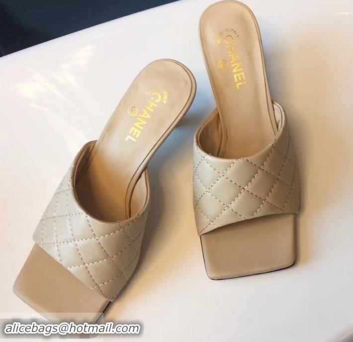 Hot Sale Chanel Heel 6.5cm Square Toe Quilting Mules G96415 Beige 2019