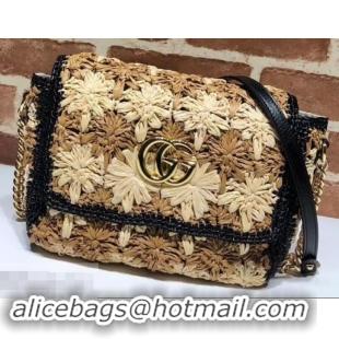 Best Luxury Gucci GG Marmont Raffia With Crochet Flower Small Shoulder Bag 574433 Beige/Black 2019