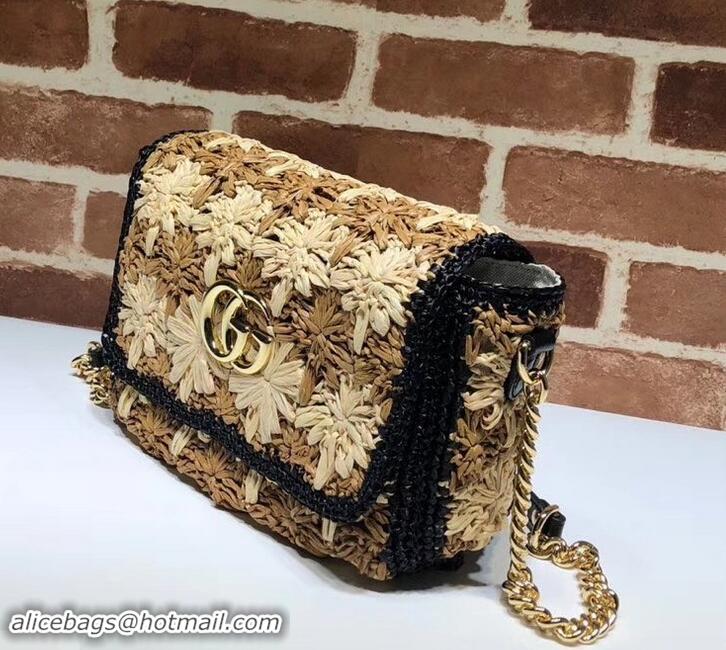 Best Luxury Gucci GG Marmont Raffia With Crochet Flower Small Shoulder Bag 574433 Beige/Black 2019