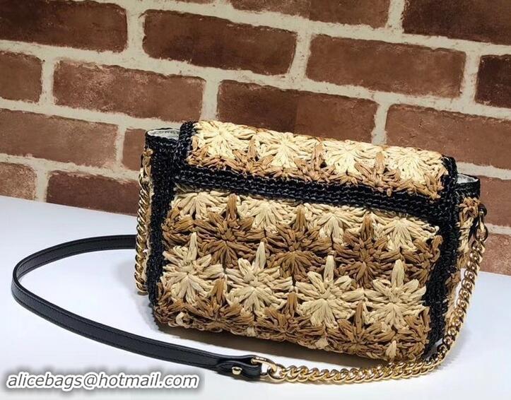 Best Luxury Gucci GG Marmont Raffia With Crochet Flower Small Shoulder Bag 574433 Beige/Black 2019