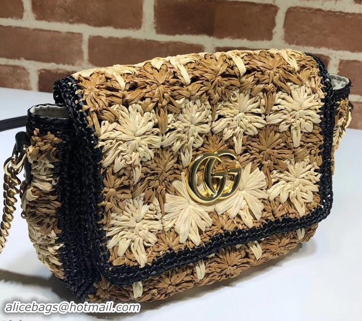 Best Luxury Gucci GG Marmont Raffia With Crochet Flower Small Shoulder Bag 574433 Beige/Black 2019