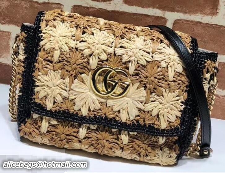 Best Luxury Gucci GG Marmont Raffia With Crochet Flower Small Shoulder Bag 574433 Beige/Black 2019