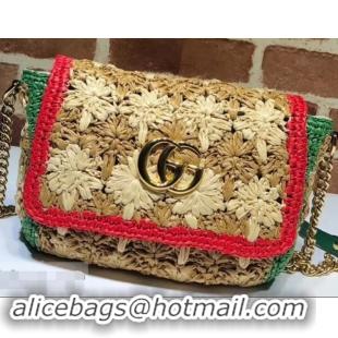 Perfect Gucci GG Marmont Raffia With Crochet Flower Small Shoulder Bag 574433 Beige/Green/Red 2019